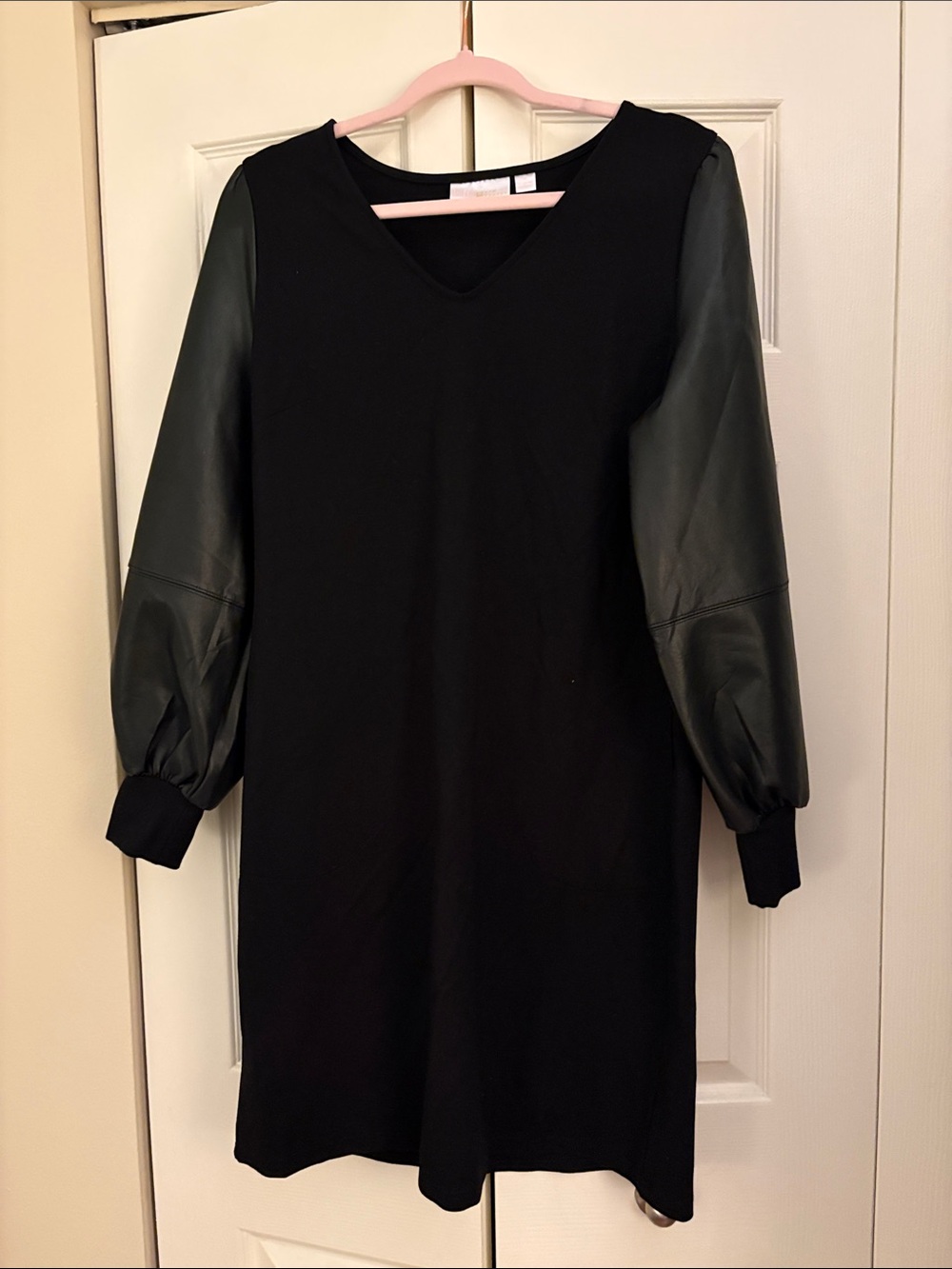 Black V-Neck Dress with Faux Leather Puff Sleeves